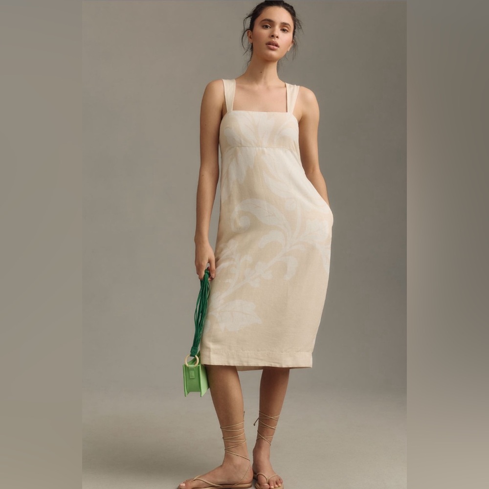 ✨ Anthropologie Sleeveless Square-Neck Linen Midi Dress Sz L